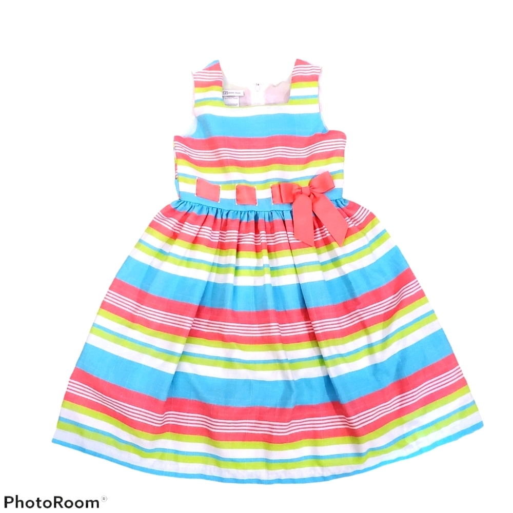 Bonnie Jean Youth Multi-Striped Dress with Ribbon at Waist Above Knee Length 448